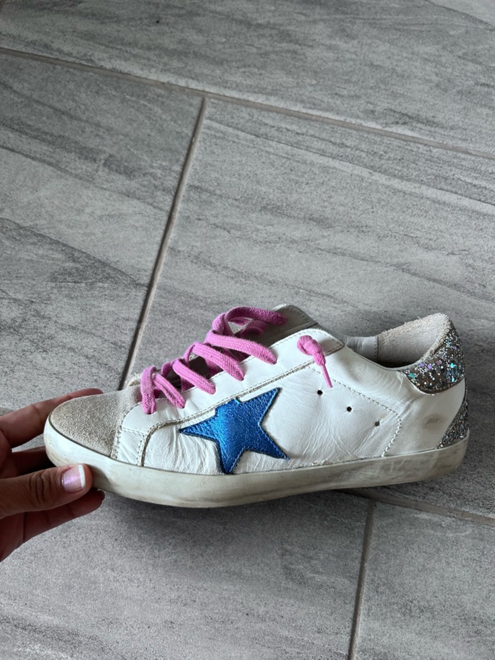 Golden Goose Superstar Sneakers Blue Star Glitter Heel White Leather Size 39 - Picture 5 of 16